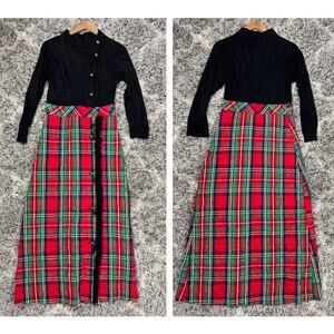 Vintage 60s 70s Maxi Dress Red Quilted Tartan Plaid Black Long Sleeve Christmas